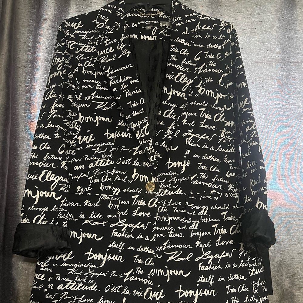 Karl Lagerfeld Black and White Script Print Blazer